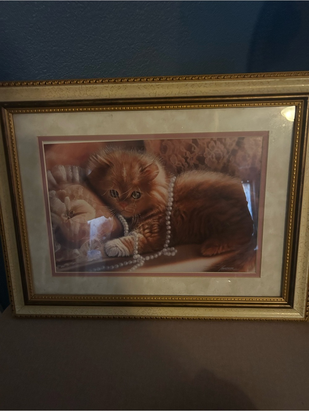 Gold Framed Orange Kitten Wall Art with Pearls